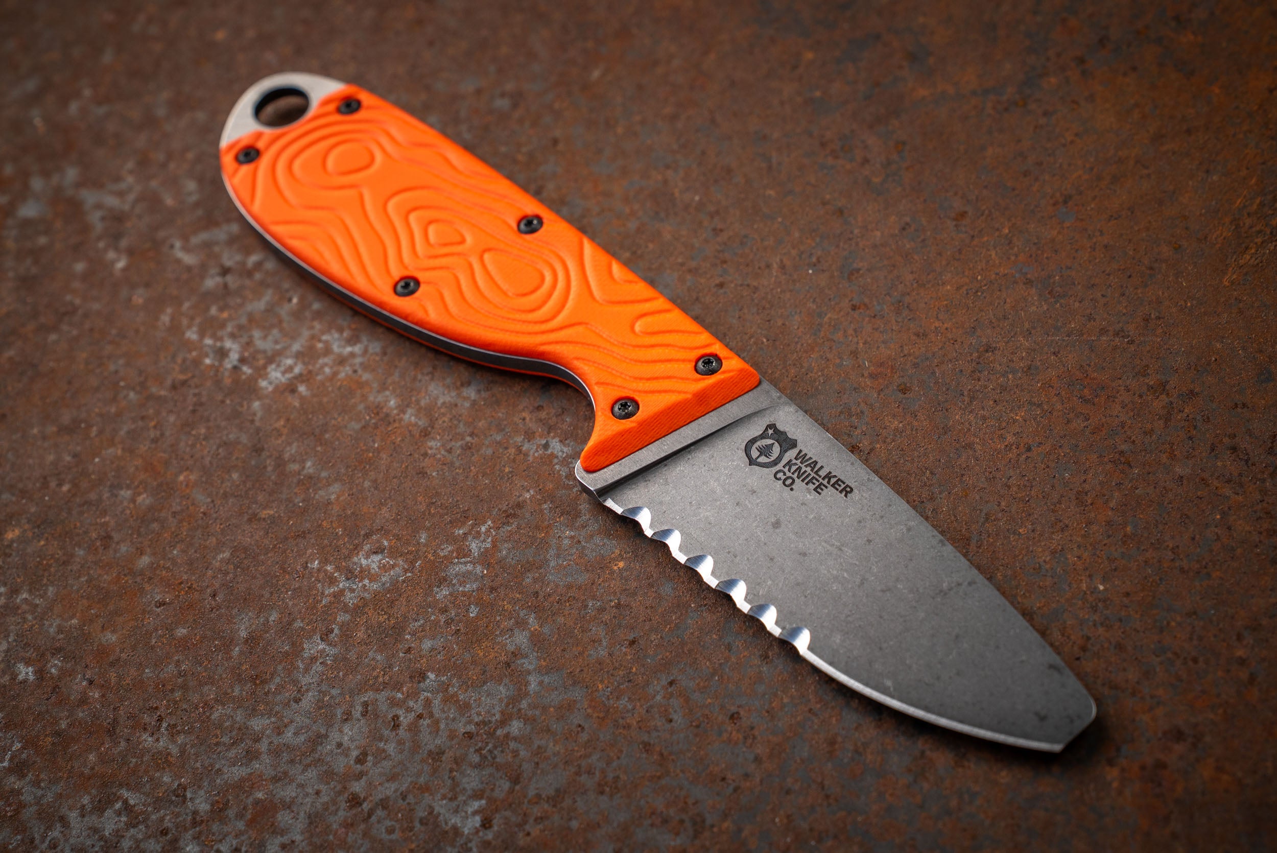 The Guardian River Knife – Blunt Tip, Serrated Edge, Orange G10
