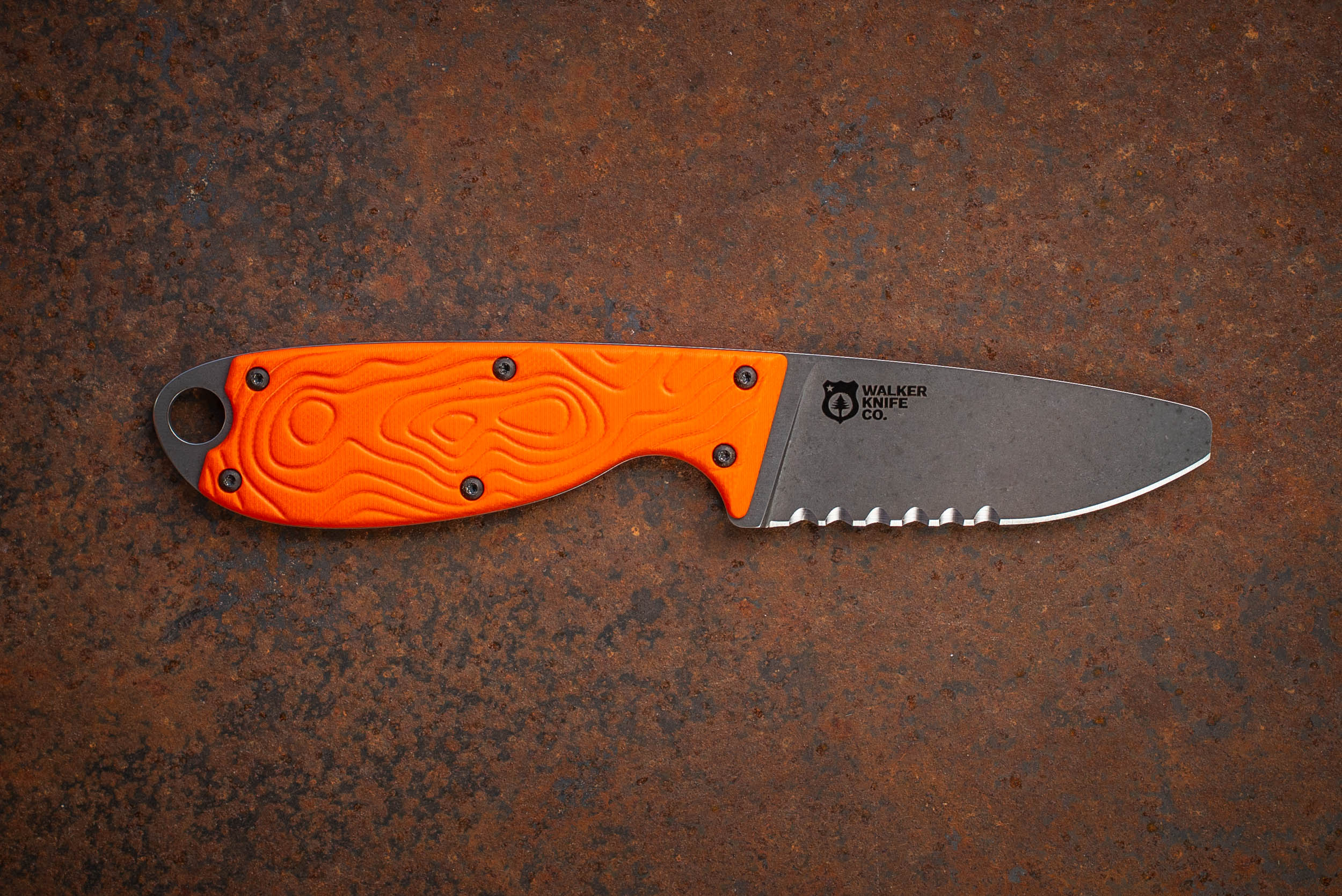 The Guardian River Knife – Blunt Tip, Serrated Edge, Orange G10
