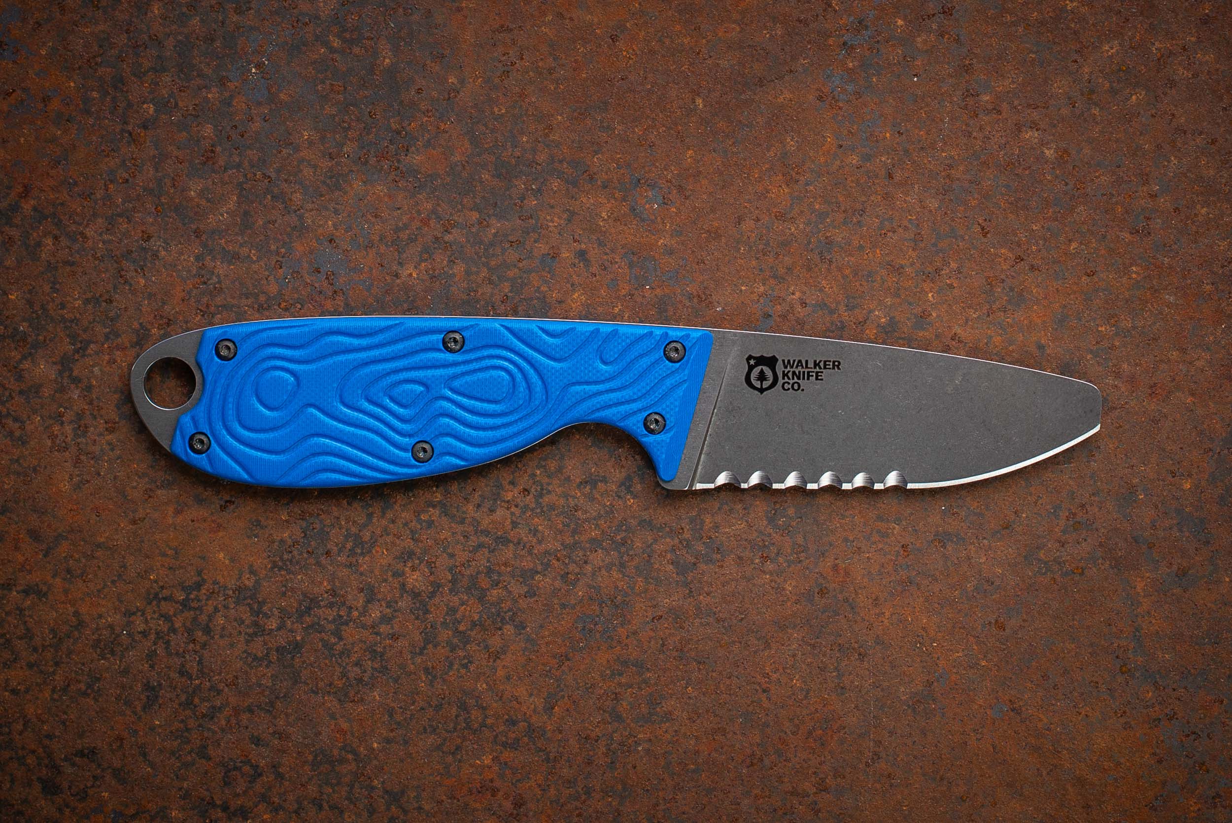 The Guardian River Knife – Blunt Tip, Serrated Edge, Blue G10