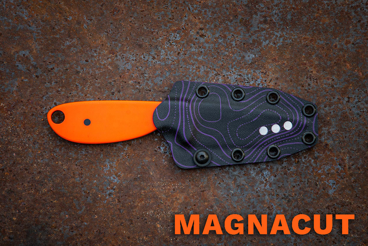 MagnaCut River Knife / Safety Orange with Purple Topo Kydex Sheath