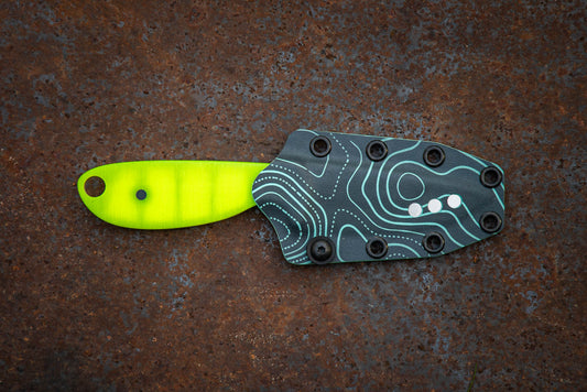 River Knife / Dayglow Yellow with Teal Topo Kydex Sheath