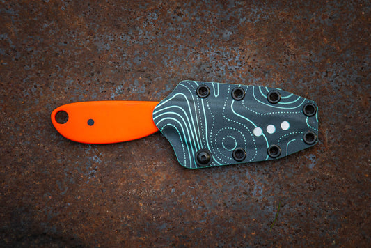 River Knife / Safety Orange with Teal Topo Kydex Sheath