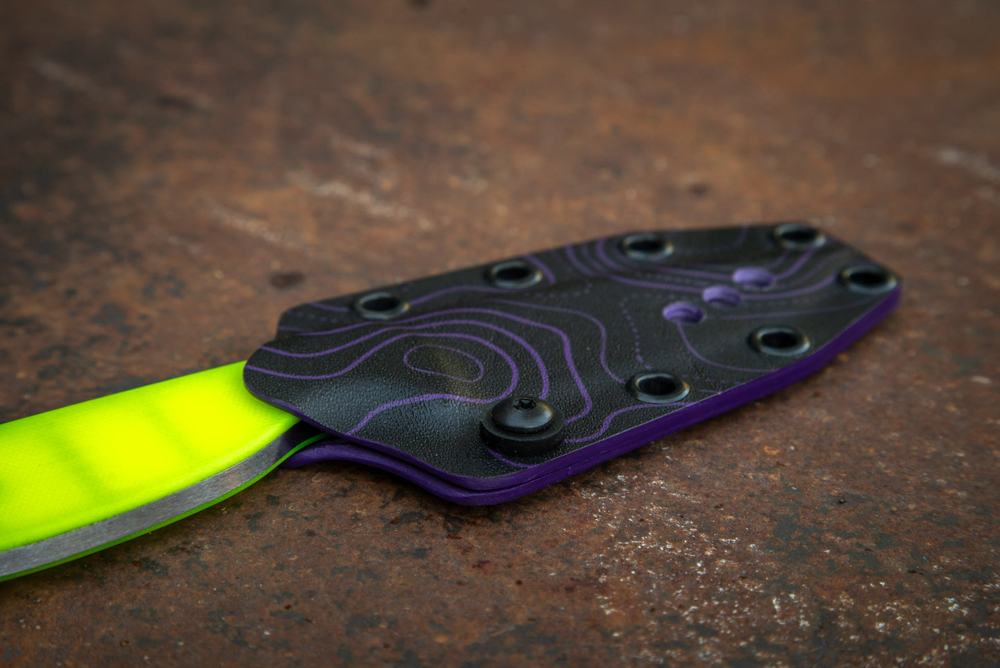 River Knife / Dayglow Yellow with Purple Topo Kydex Sheath