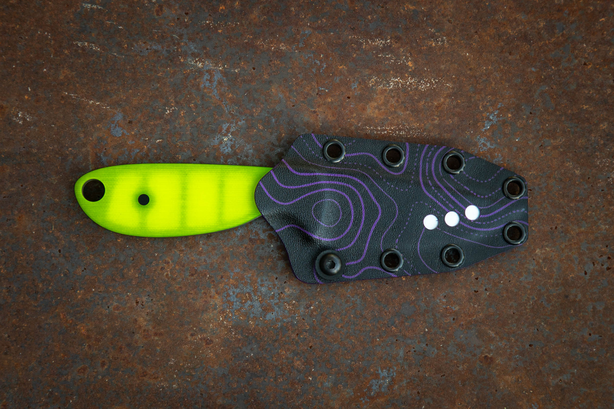 River Knife / Dayglow Yellow with Purple Topo Kydex Sheath